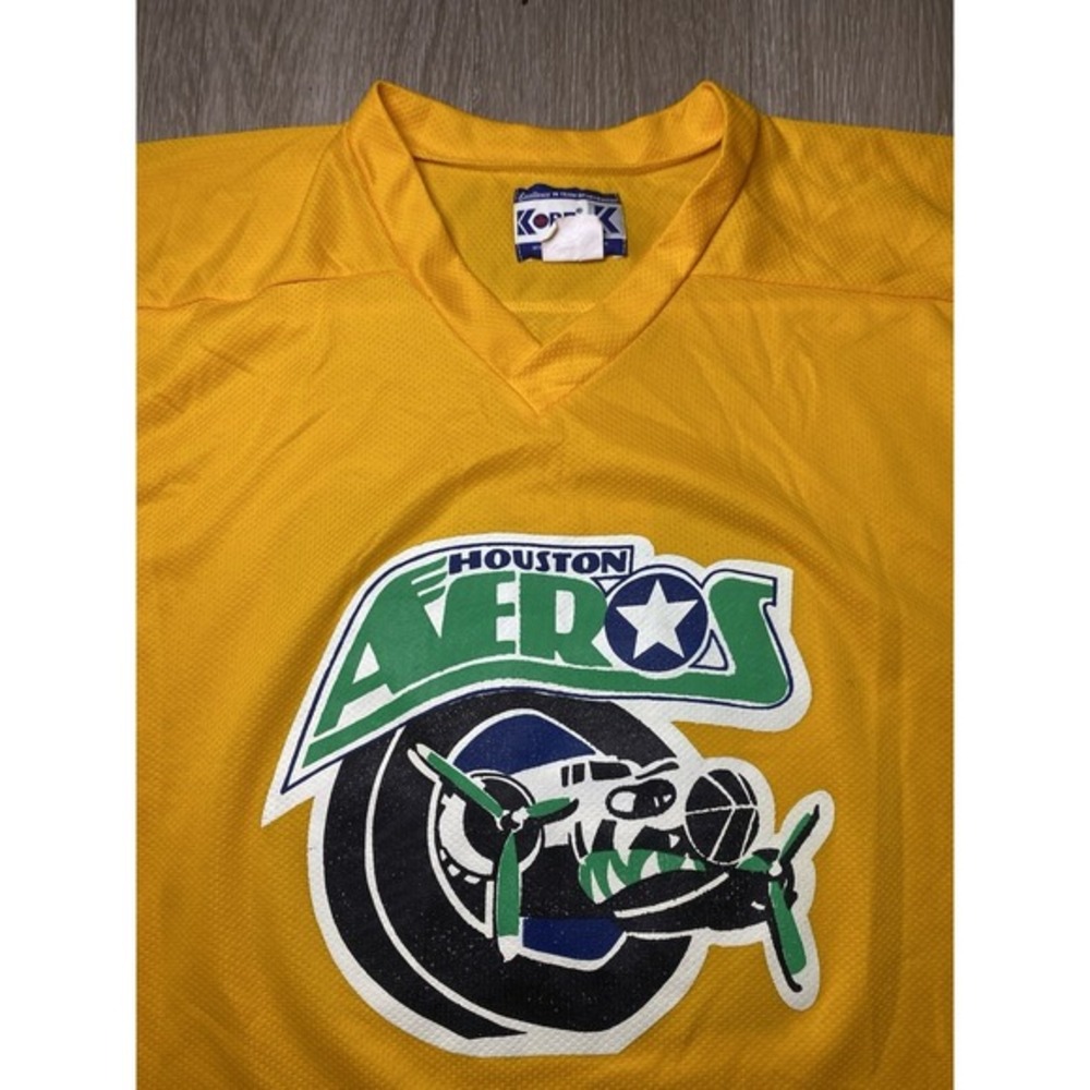 Vintage 90's Kobe Houston Aeros #19 Yellow Hockey Jersey IHL Rare Men Size SMALL - Picture 2 of 8
